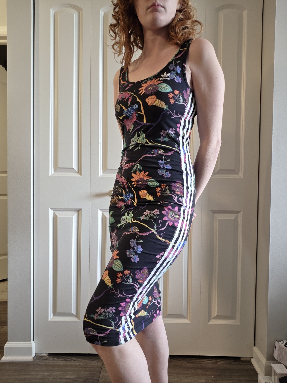 Adidas Floral Stripe Bodycon Dress - Black with Multicolor Print